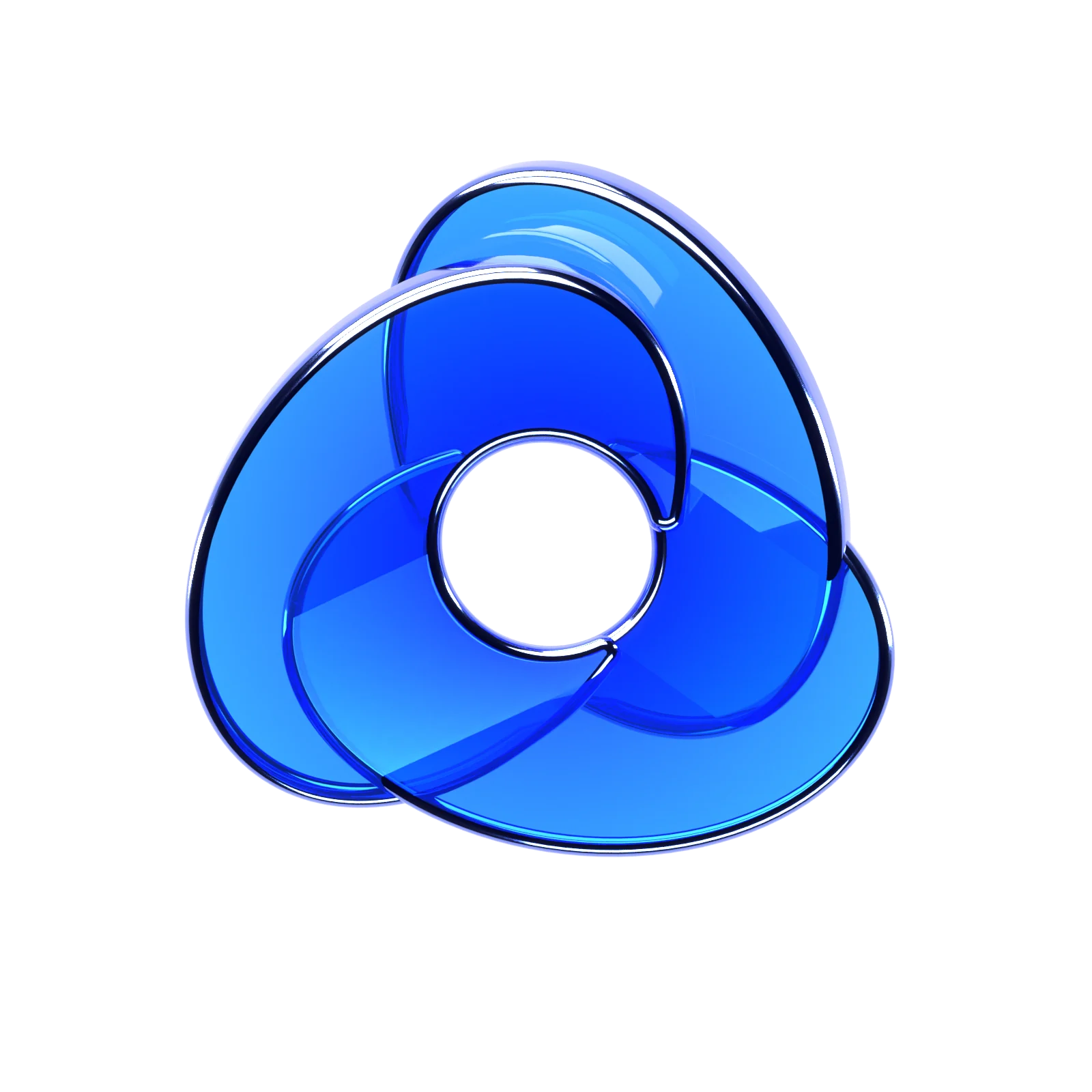 Isotipo de Avory: tres monedas de cristal azul con cantos metálicos que convergen en un centro